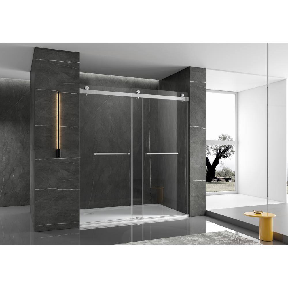 60 in. W x 76 in. H Double Sliding Frameless Shower Door in Silver Finish w