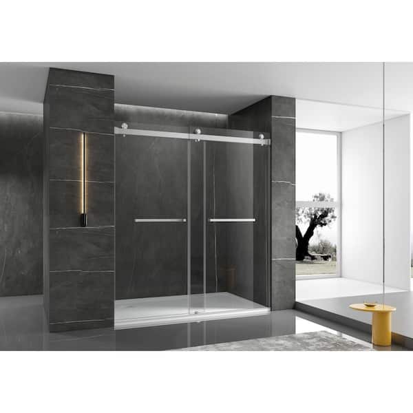 EPOWP 72 in. W x 76 in. H Double Sliding Frameless Shower Door in Silver Finish with Clear Glass