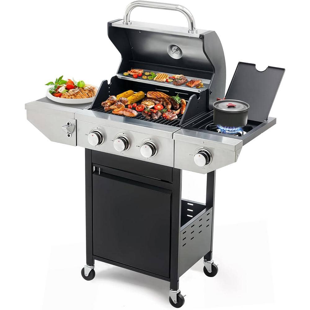 3-Burner Propane Gas Grill in Stainless Steel with Side Burner and Condimen