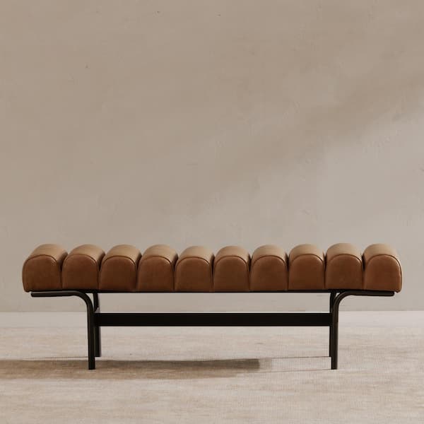 NADAAL STUDIOS Adler Tan 54.75 in. Leather Bench with Iron Frame and Protective Glides