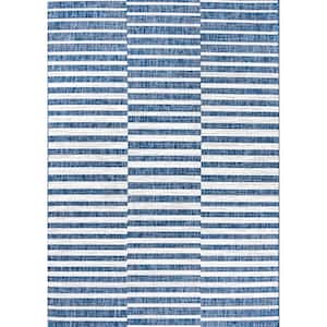 Sukie Modern Blue/Ivory 8 ft. x 10 ft. Offset Stripe Indoor/Outdoor Area Rug