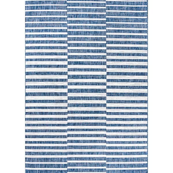 Sukie Modern Blue/Ivory 8 ft. x 10 ft. Offset Stripe Indoor/Outdoor Area Rug