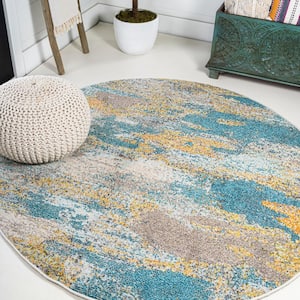 Contemporary Pop Modern Abstract Vintage Waterfall Blue/Brown/Orange 5 ft. Round Area Rug