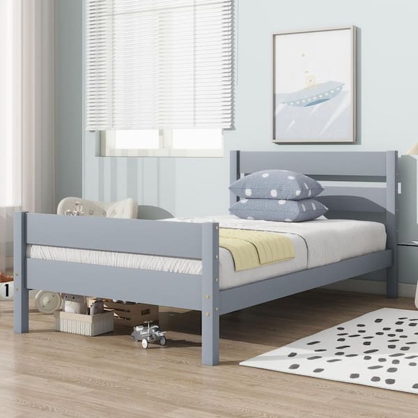 Gray Solid Wood Frame Twin Platform Bed for Small Spaces, Apartments
