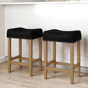 Hylie 24 in. Nailhead Wood Counter Height Bar Stool Dark Gray Faux Leather Cushion Light Brown Finish, Set of 2