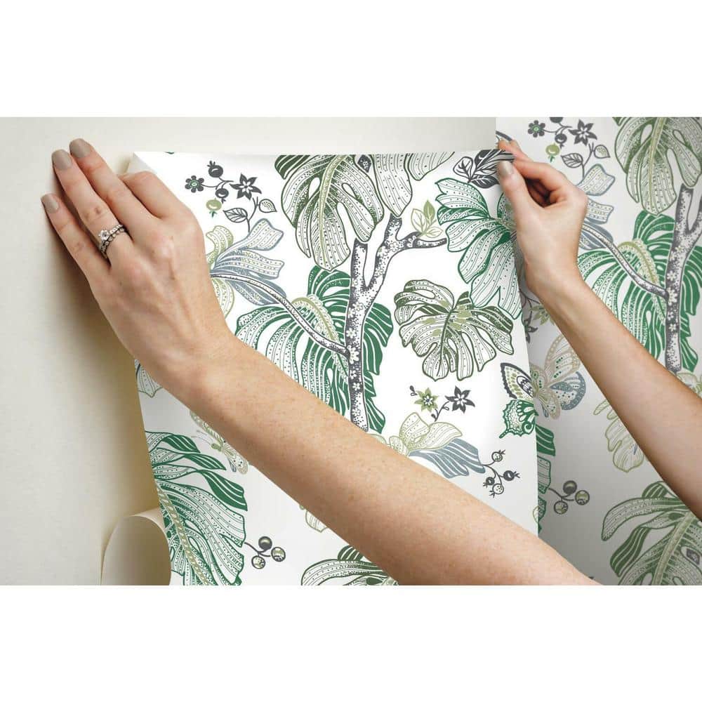 Green and Grey Boho Palm Peel and Stick Wallpaper Roll