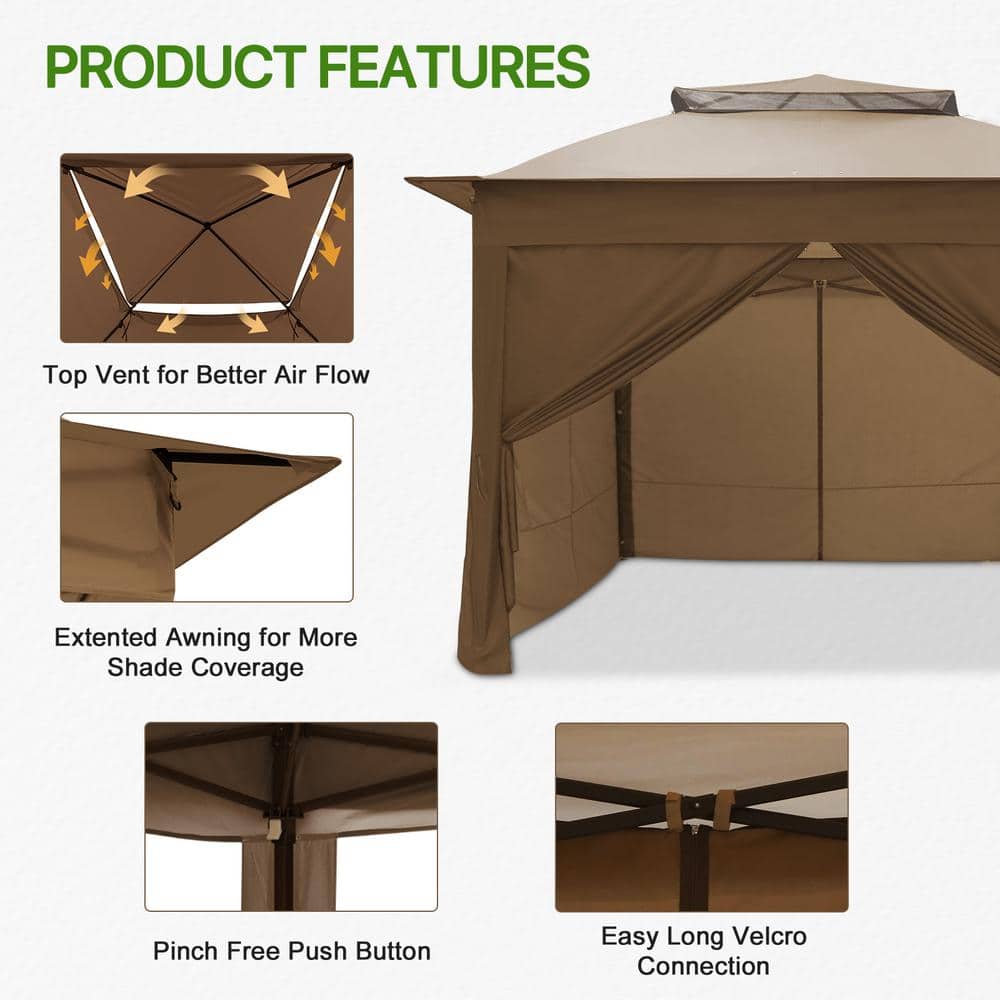 Brown 11x11 Steel Frame Patio Gazebo with Sidewalls