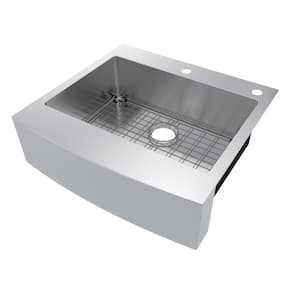 Retrofit Drop-In Stainless Steel 27 in. 2-Hole Single Bowl Curved Farmhouse Apron Front Kitchen Sink