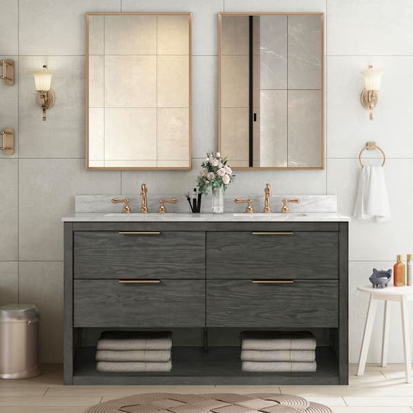 Kortine 60 in. Double Sink Black Oak Bath Vanity with White Natural Carrara Top (Assembled)