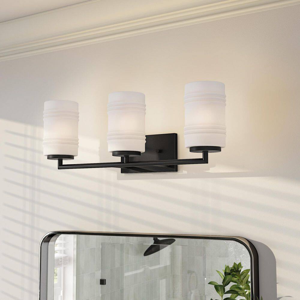 Modern Matte Black 3-Light Vanity Bath Light with Etched Opal Glass