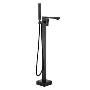 Freestanding Floor Mount Single Handle Bath Tub Filler Faucet with Handheld Shower in Matte Black