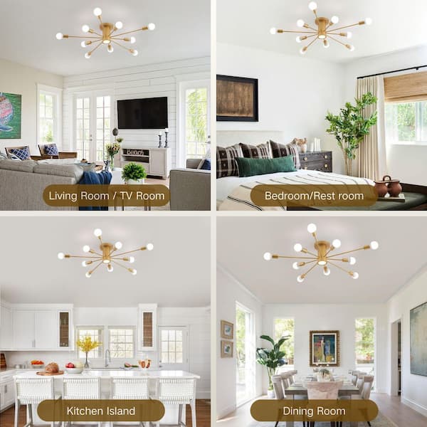 Cedernut 40 in. 10-Light Gold Dimmable Linear Semi- Flush Mount Sputnik Ceiling Light Vintage Mid-Centuries Chandelier