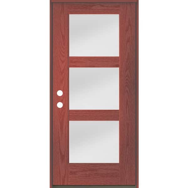 Krosswood Doors BRIGHTON Modern 36 in. x 80 in. 3-Lite Right-Hand/Inswing Satin Etched Glass Redwood Stain Fiberglass Prehung Front Door