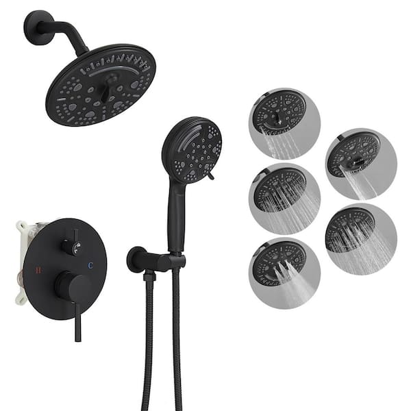 BWE 1-Spray Single Handle Round Rain Shower Faucet Set Wall Mount with High-Pressure Shower Head Hand Shower in. Matte Black