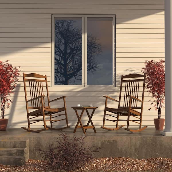 VEIKOUS Wood Color Wooden Patio Outdoor Rocking Chair Set (3-Pieces)