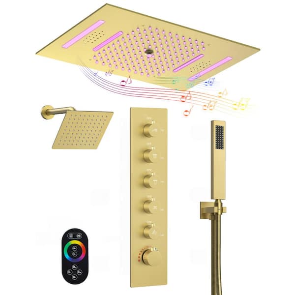 5-Spray 23x15 in. Ceiling Mount LED Mood Lighting Music Dual Fixed and Handheld Shower Head in Brushed Gold