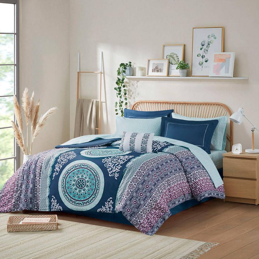 Navy Blue Boho Medallion Microfiber Full Bed in a Bag Set