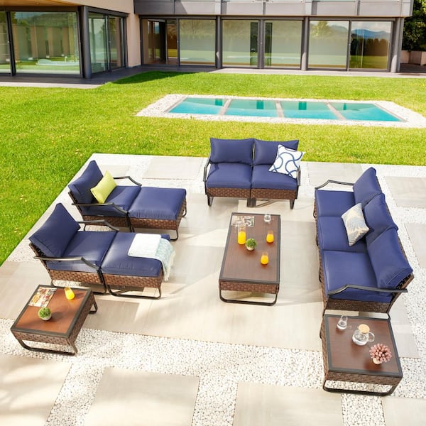 Patio Festival U-Leg 12-Piece Wicker Patio Conversation Set with Blue Cushions