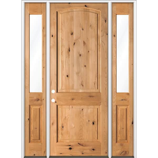 Krosswood Doors 70 in. x 96 in. Knotty Alder 2-Panel Arch-Top Right-H and/Inswing Clear Glass Cedar Stain Wood Prehung Front Door W/DHSL