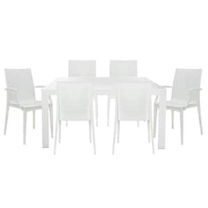 Mace 7-Pcs Patio Dining Set with Plastic Dining Side Chairs and Arm Chairs and Rectangular Dining Table (White)