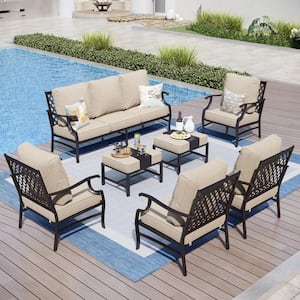 Black Meshed 9-Seat 7-Piece Metal Outdoor Patio Conversation Set with Beige Cushions and 2 Ottomans