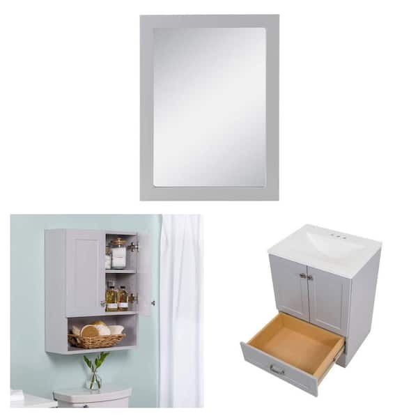 Lancaster 25 in. W Vanity in Pearl Gray and 20 in. Gray Mirror and 21 in. Gray Storage Cabinet Combo
