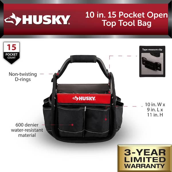 Husky 15 in. 8 Pocket Zippered Tool Bag, Red/Black