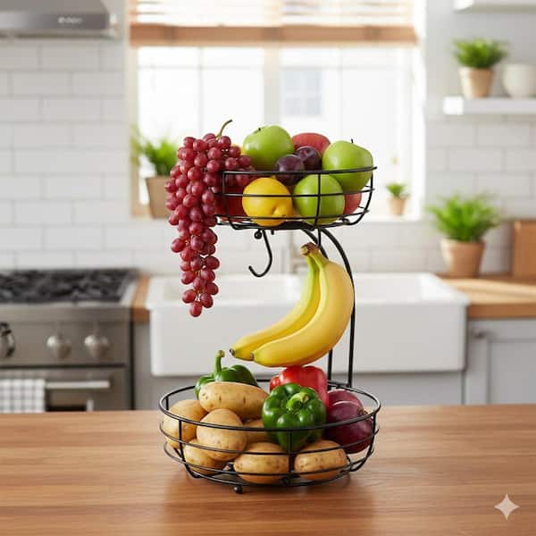 2 Piece 2-Tier Countertop Fruit Vegetables Basket Bowl With Banana Hanger Raised Feet Decorative Kitchen Set