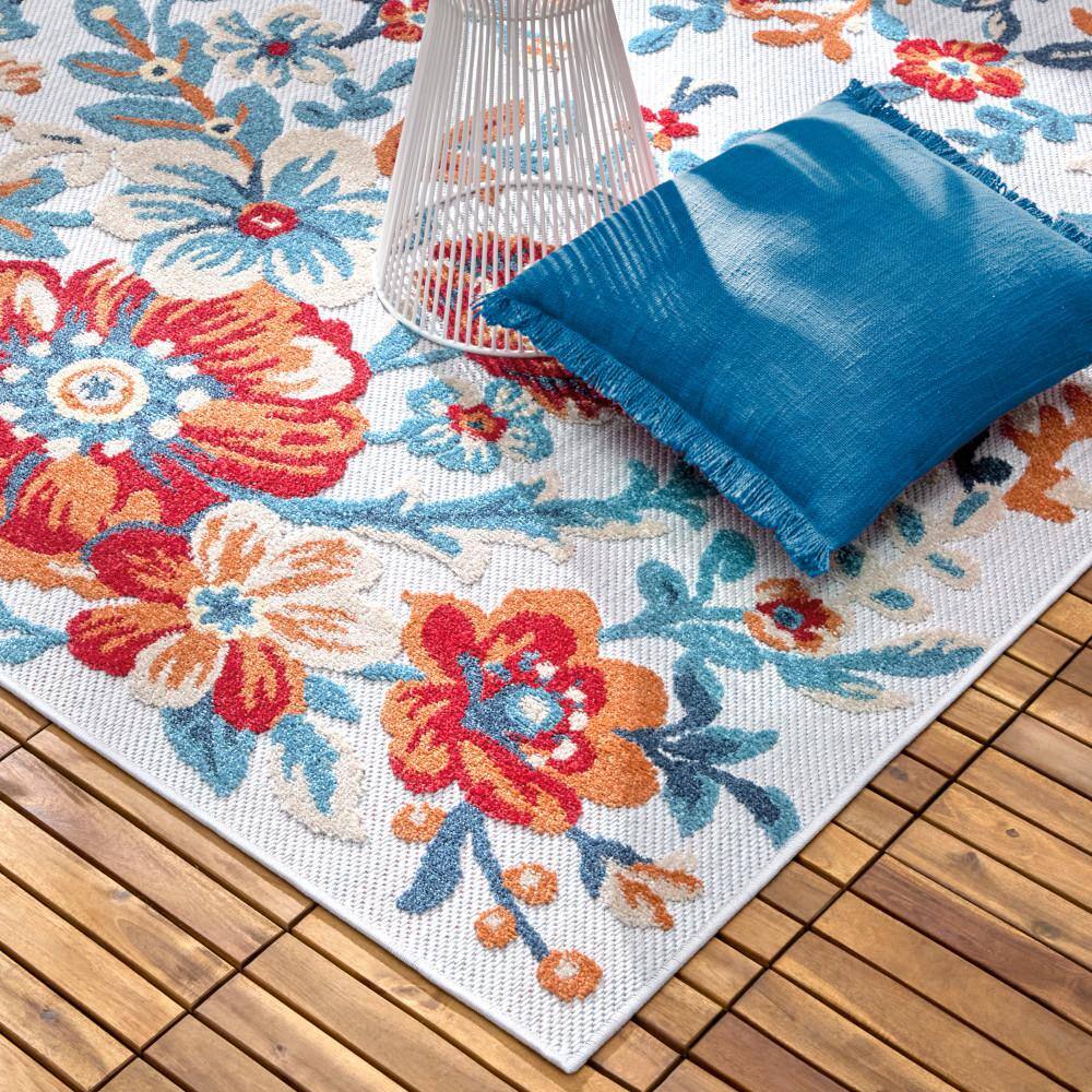 Ivory Red Blue Floral Tufted Indoor Outdoor Area Rug