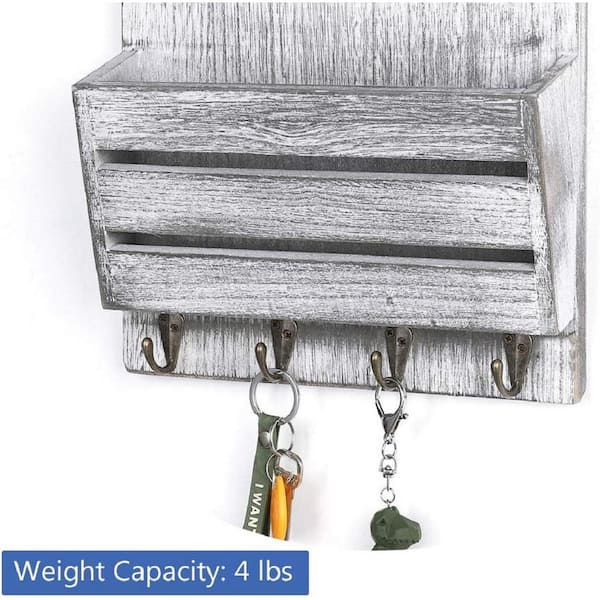 Rustic White-Gray 2-Slot Mail and Key Holder with 4-Key Hooks