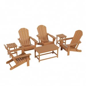 Laguna 7-Piece Fade Resistant Outdoor Patio HDPE Poly Plastic Folding Adirondack Chair Conversation Set in Teak