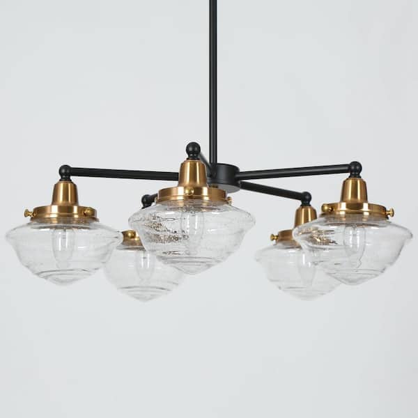 Zevni 22.5 in. 5-Light Brass-Plated Round Chandelier, Seeded Glass