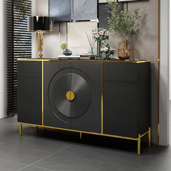 FUFU&GAGA 56.3 in. L Black Rectangle Wooden Ripple Texture Console Table Entryway with Pop-up Doors, Drawers, Adjustable Shelves