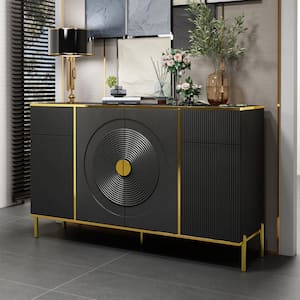 56.3 in. L Black Rectangle Wooden Ripple Texture Console Table Entryway with Pop-up Doors, Drawers, Adjustable Shelves