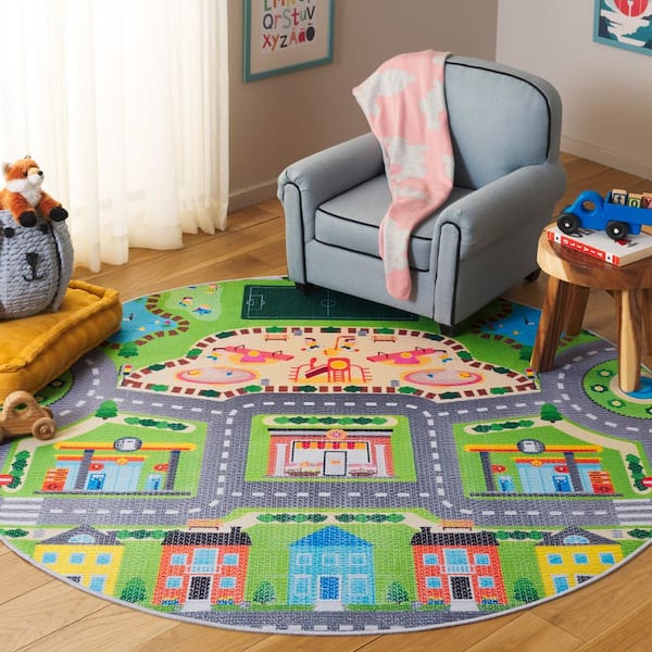 Tacoma Kids 5 ft. x 5 ft. Gray/Green Town Playground Round Area Rug
