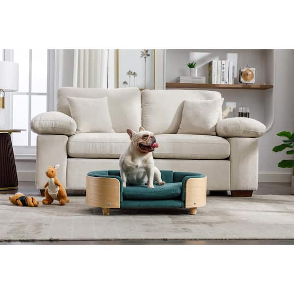 Small 37 in. Beige Pet Sofa Dog Sofa Cat Sofa Cat Bed Pet Bed Dog Bed Rectangle with Movable Cushion and Wood Style Foot