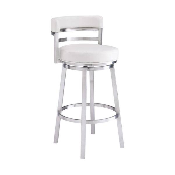Benjara 34 in. White Low Back Metal Frame Bar Stool with Faux Leather