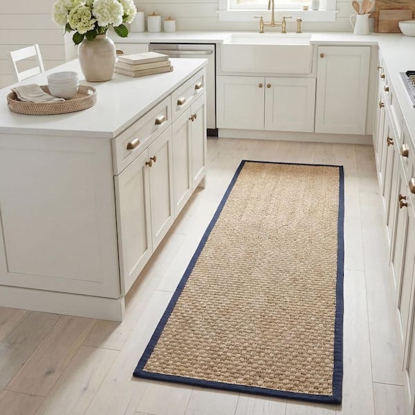 Natural Fiber Beige/Blue 3 ft. x 8 ft. Border Runner Rug