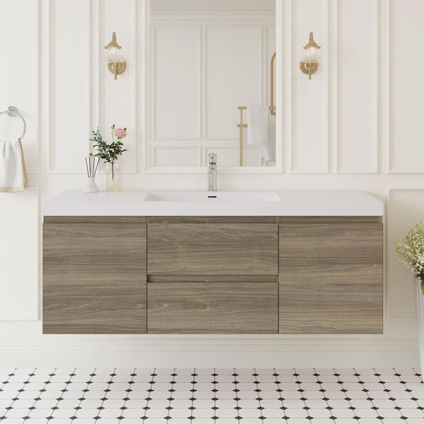 59.06 in. W x 19.69 in. D x 22.44 in. H Wall Hung Bath Vanity in Ash Grey with Resin Single Basin Vanity Top in White