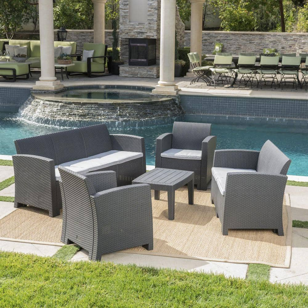 Noble House 5-Piece Faux Wicker Patio Seating Set with Light Gray ...