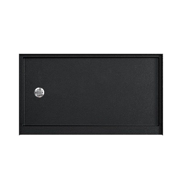 60 in. L x 32 in. W Solid Surface Alcove Shower Pan Base in Black with Left Drain and Brushed Nickel Drain Cover