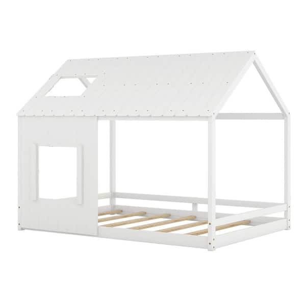 Harper & Bright Designs White Full Size Wooden House bed with Roof and ...