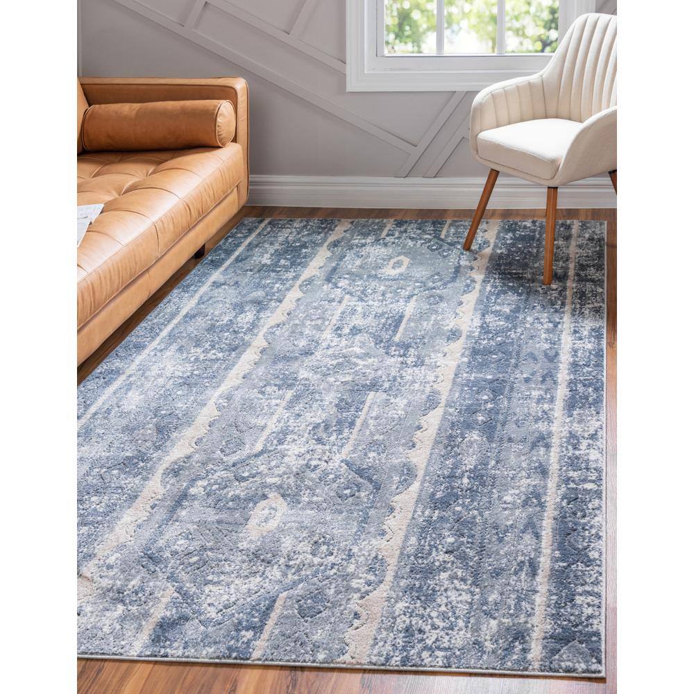 Blue and Ivory Geometric Synthetic Runner Rug