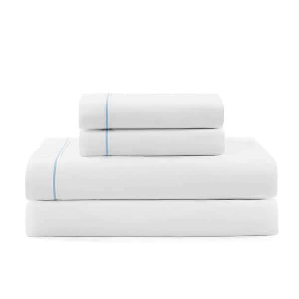 Solid 3-Piece White/Boathouse Blue Cotton Twin XL Sheet Set