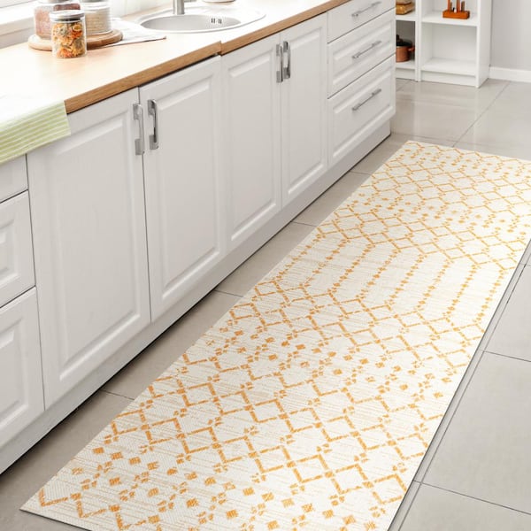 Ourika Moroccan Geometric Textured Weave Cream/Yellow 2 ft. x 8 ft. Indoor/Outdoor Runner Rug