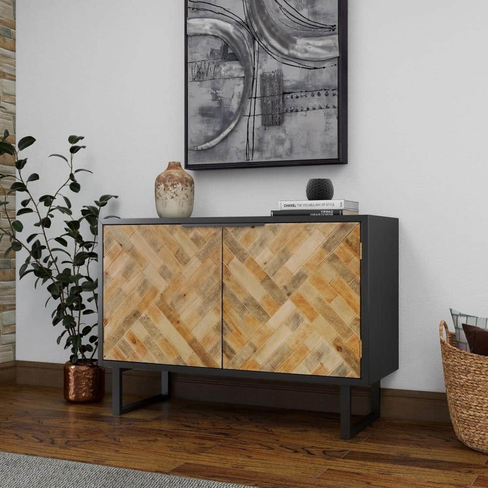 Black and Brown Geometric Wood Inlay Cabinet with Shelf