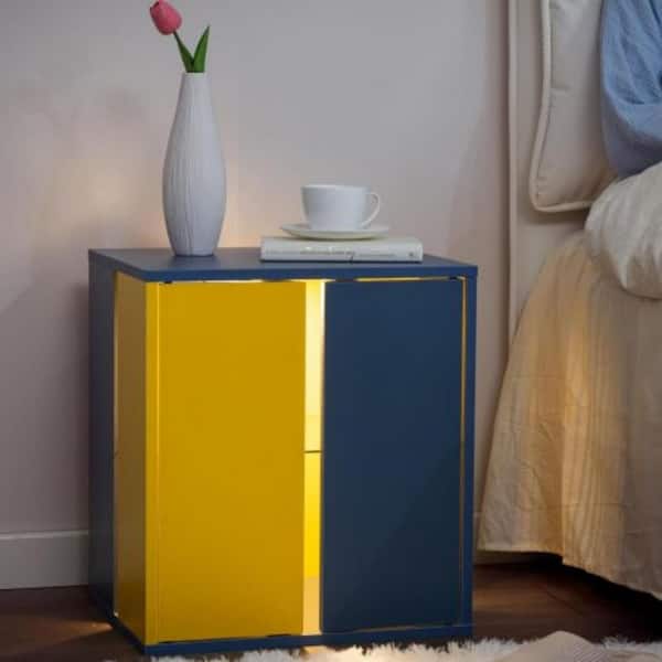 Clihome Yellow and Blue Bedside Tables LED End Table Nightstand Table with Glass Shelves