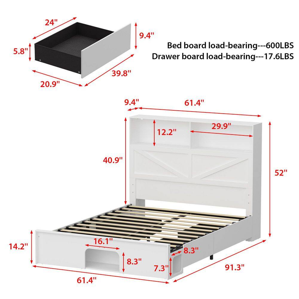 White Wooden Frame Queen Size Platform Bed, Panel Bed with 4 Large Drawers, 2 Open Shelves and Cat Tunnel - thumbnail 5