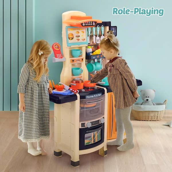 Costway Wood Kitchen Toy Kids Cooking Pretend Play Setw/Utensils, Sounds &  Wordpad White TY326396 - The Home Depot