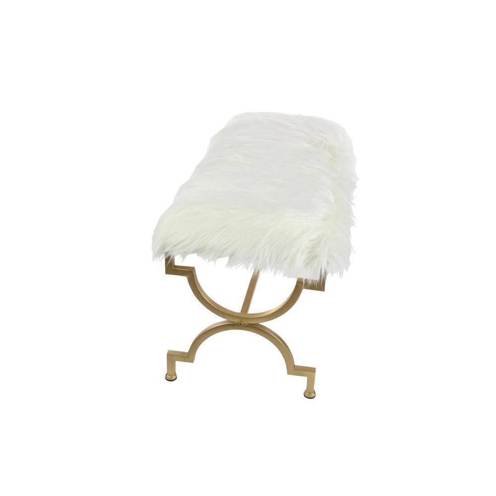 Chic Gold Metal 42" Entryway Bench with White Faux Fur Cushion